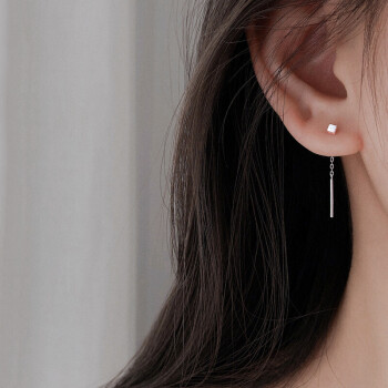 美芙尼 S925银方块耳线 甜美长款银耳链 韩版学生简约气质耳坠 方块耳线 长约3.5cm 一对
