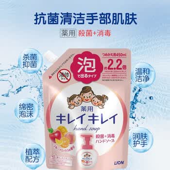 狮王（Lion）泡沫洗手液滋润温和易冲洗儿童成人通用原装进口450ml替换果香型