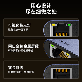 毕亚兹网线分线器一拖二 千兆网络扩展器 网口一拖二上网转换器转接头 RJ45双网口延长器宽带接口分接器