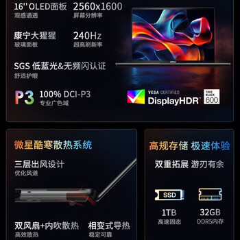 微星 绝影16 16英寸AI商务办公笔记本电脑（U9-386H 32GB 1TB SSD RTX 5070Ti）