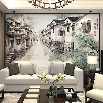现代中式墙纸电视沙发背景墙布客厅抽象水墨山水壁画江南水乡壁纸