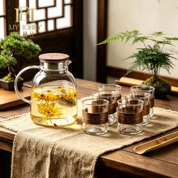 麦赫比Myhobby轻奢高档中式家用耐高温高硼硅玻璃杯凉水壶套装带杯套胡桃木盖子