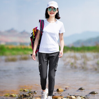 春夏户外女速干衣裤套装薄透气圆领t恤女快干衣裤小脚裤套装 白衣灰裤