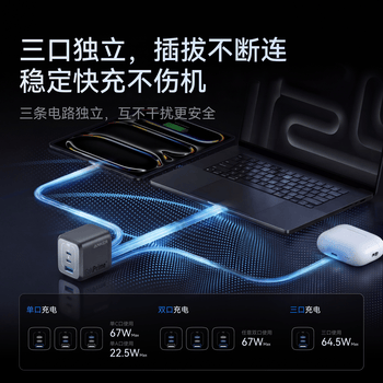 ANKERPrime安克67W充电头 迷你便携电脑充电器type-c氮化镓多口pd65W快充 适用苹果手机笔记本插头 黑