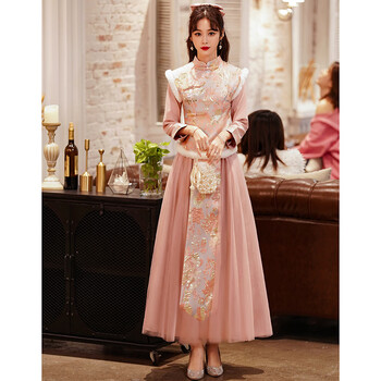 旗袍冬天加厚中式秋冬旗袍伴娘服冬季加厚加绒长袖小个子礼服裙女冬天