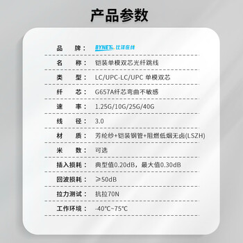 BYNET比洋在线  电信级铠装光纤跳线LC-LC带双接头  单模双芯双工 抗拉压防鼠咬低烟无卤环保网线光纤线  1米