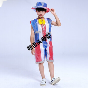 环保时装秀时装秀手工制作男女幼儿园亲子装表演出服 环保红色短裤款