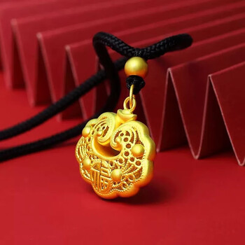 米詅黄金项链999足金儿童平安长命锁福字男女款黑红绳金饰送孩子礼物a