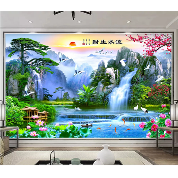 电视背景墙壁纸山水风景画流水生财现代新中式8d立体3d客厅装饰壁画