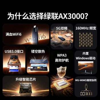 绿联USB无线网卡WiFi6千兆 WiFi接收器AX3000双频5G网卡 台式机专用电脑无线网络笔记本接收器智能免驱