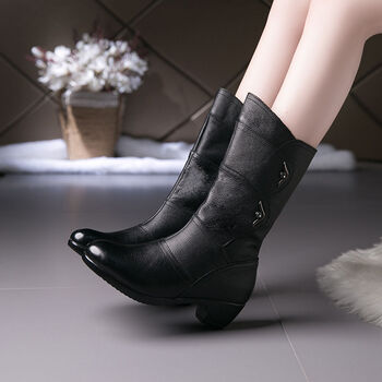 中老年中筒靴女士皮靴中年中跟粗跟中靴子妈妈鞋女靴秋冬大码女鞋黑色