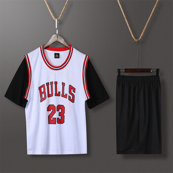 运动套装夏季假2件短袖篮球衣套装球衣夏假两件篮球服公牛23号白色l