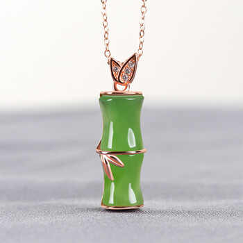 墨韵 菠菜绿老料和田玉碧玉竹节吊坠竹子s925银镶玉石男士挂件女款