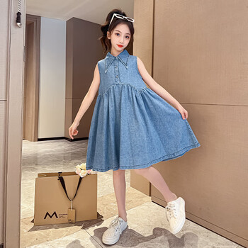无袖连衣裙夏装2023新款洋气儿童poo公主裙女孩背心牛仔裙子蓝色120cm