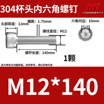 奥展实业（AOZHAN）304不锈钢DIN912内六角全牙螺钉 M12 *140 1颗/包