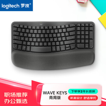 罗技（Logitech）WAVE KEYS 人体工学键盘 无线蓝牙键盘 配备软垫掌托 - 石墨黑（商用版） 99键