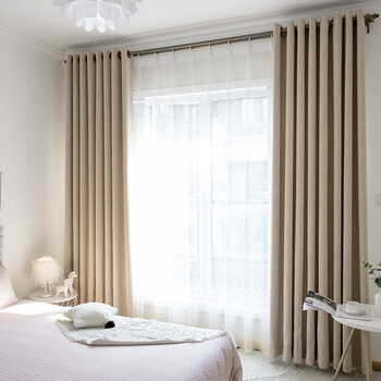 窗帘成品素色加厚简约现代纯色棉麻全遮光落地窗客厅卧室遮阳 米咖色