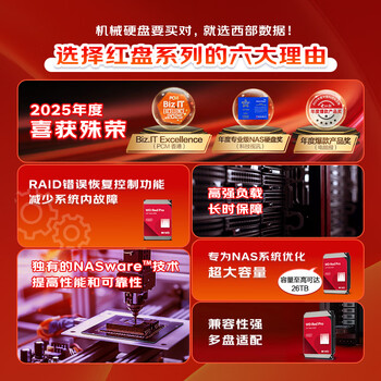 西部数据（WD）NAS机械硬盘 WD Red Pro西数红盘 16TB 7200转512MB SATA CMR垂直 NAS专用硬盘 3.5英寸 WD161KFGX