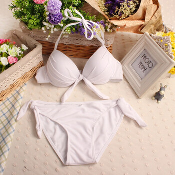 三点式比基尼泳衣女学生三点式泳衣两件套泳衣黑桔蓝黄色白色小胸聚拢