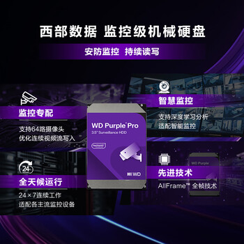 西部数据(WD)12TB监控级机械硬盘 WD Purple 西数紫盘pro SATA 7200转512MB CMR垂直AI技术 3.5英寸WD122PURP 西部数据(WD)12TB监控级机械硬盘 WD Purple 西数紫盘pro SATA 7200转512MB CMR垂直AI技术 3.5英寸WD122PURP