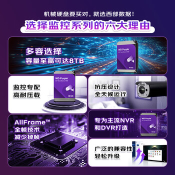 西部数据(WD)4TB 监控级机械硬盘 WD Purple 西数紫盘 SATA 256MB CMR垂直 安防存储 3.5英寸 WD43PURZ 西部数据(WD)4TB 监控级机械硬盘 WD Purple 西数紫盘 SATA 256MB CMR垂直 安防存储 3.5英寸 WD43PURZ