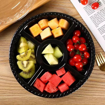 一次性水果盒果盘拼盘打包包装盘果切盒子鲜果切透明 750克五格黑底50