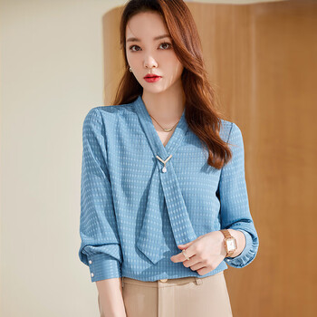 特洛曼浅蓝色衬衫女长袖飘带气质休闲职业春秋ol女装洋气上班族通勤