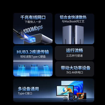 绿联六合一扩展坞 Type-C扩展坞带网口网线转接【USB-C+Type-C供电】适用笔记本电脑平板 CM512-35886 绿联六合一扩展坞 Type-C扩展坞带网口网线转接【USB-C+Type-C供电】适用笔记本电脑平板 CM512-35886
