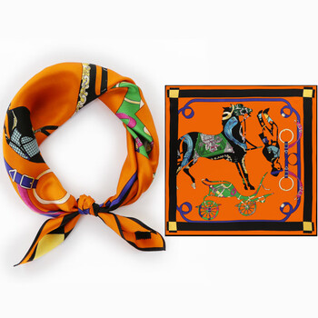 爱马仕真丝丝巾丝绸100桑蚕丝百搭夏季围巾礼盒装时尚方巾牧马人橘黑