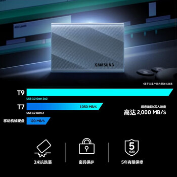 三星（SAMSUNG）1TB Type-c USB 3.2移动固态硬盘（PSSD）T9玄影黑 NVMe读速2000MB/s 手机直连笔记本Mac mini外接