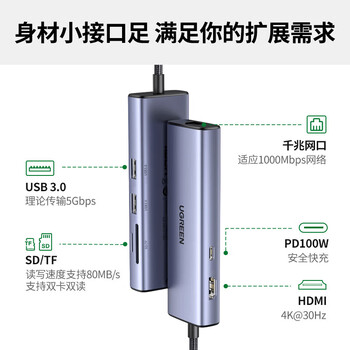 绿联七合一Type-C扩展坞HDMI拓展坞投屏转换网口【USB3.0+HDMI+SD/TF+PD】适用笔记本电脑平板 CM512