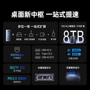 绿联Type-C固态硬盘盒M.2 NVMe移动硬盘盒拓展坞10G传输硬盘读取器8T扩容千兆适用笔记本平板CM923