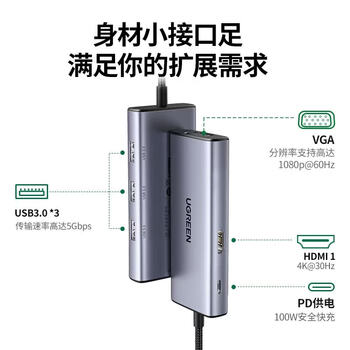 绿联六合一 Type-C扩展坞USB-C拓展坞VGA转换器 适用笔记本电脑平板【HDMI+VGA+USB3.0+PD】CM498 绿联六合一 Type-C扩展坞USB-C拓展坞VGA转换器 适用笔记本电脑平板【HDMI+VGA+USB3.0+PD】CM498