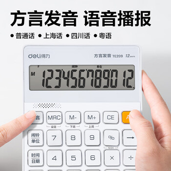 得力（deli）金属面板语音计算器 方言功能 简约轻薄机身 现代办公风格12位大屏数显 TE209浅灰
