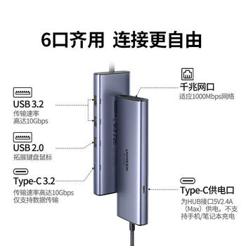 绿联六合一扩展坞 Type-C扩展坞带网口网线转接【USB-C+Type-C供电】适用笔记本电脑平板 CM512-35886 绿联六合一扩展坞 Type-C扩展坞带网口网线转接【USB-C+Type-C供电】适用笔记本电脑平板 CM512-35886