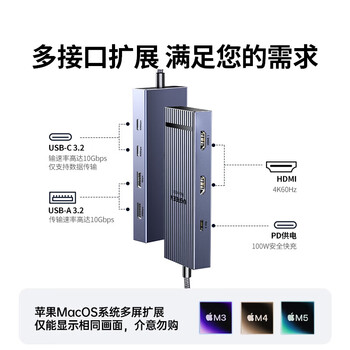 绿联Type-C转双HDMI三屏异显拓展坞USB-C外接双屏一拖二扩展坞10G 4K多屏扩展适用笔记本电脑平板CM880