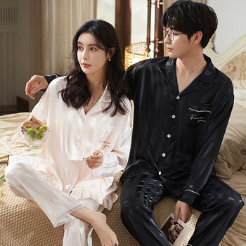 佑纪芙品牌情侣睡衣薄款冰丝2022年新款春秋长袖男女仿真丝绸家居服套装图片色 女XL 男2XL