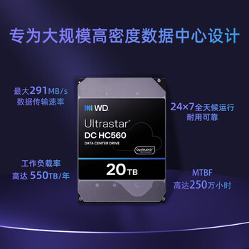 西部数据（WD）20TB企业级氦气机械硬盘HC560 SATA 7200转512MB CMR垂直 服务器硬盘 3.5英寸WUH722020BLE6L4