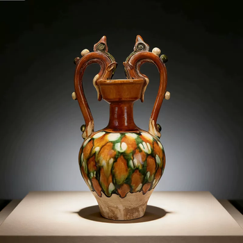 旧家供養品 唐時代 唐三彩 獣頭瓶 花瓶 花器 古陶磁器 陶芸 中国陶瓷器