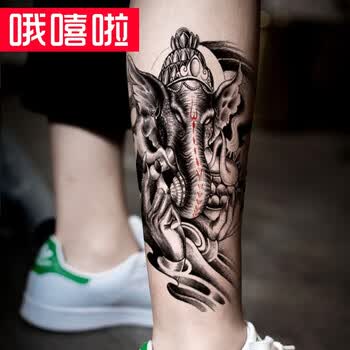 哦嘻啦原创男猛霸气大象花臂图腾帅气潮流纹身贴防水男手臂小腿仿真刺青贴女款泰国象神花腿防水纹身贴纸
