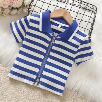 穿的女童条纹短款t恤夏季短袖中大童夏装儿童拉链开衫上衣服套装洋气