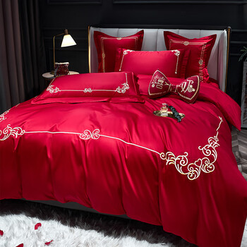 玖厨娘结婚床上用品四件套大红色婚庆床品喜庆中式红色新婚被套床单