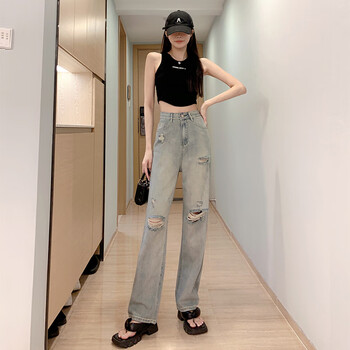 jakobfors膝盖破洞阔腿牛仔裤女夏季薄新款小个子宽松垂感高腰直筒显