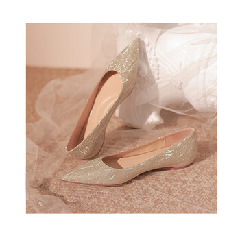 罗伊伴娘鞋日常可穿平底内增高尖头浅口平底单鞋女仙女风香槟金色婚鞋