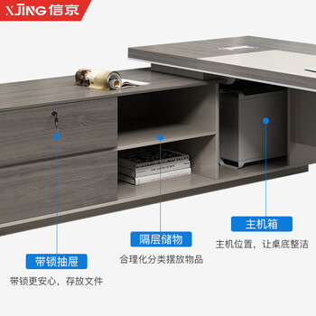 信京(XINJING)E0级办公桌老板桌时尚总裁桌大班台桌椅组合2.0米含侧柜