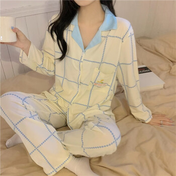 蔻诗瑶koushiyao女生睡衣春秋日系格子长袖大码家居服套装可外穿学生