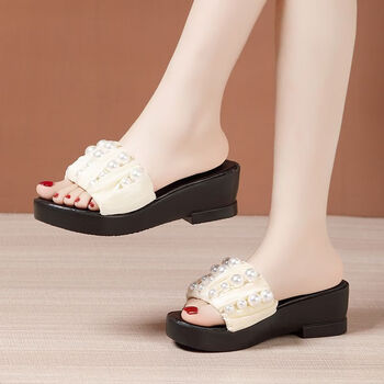 坡跟珍珠凉拖鞋女夏2022新款时尚百搭鱼嘴拖鞋松糕厚底一字凉拖鞋黄色