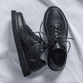 百丽休闲鞋男士春秋款内增高厚底圆头英伦风青年黑色运动小皮鞋男黑色
