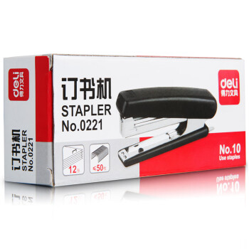 得力(deli)12页经典耐用订书机/订书器 尾部自带起钉器(适用10号钉) 黑色0221