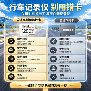 Sandisk闪迪128GB TF(MicroSD)4K内存卡 行车记录仪 监控摄像头专用 循环录制10,000小时 高耐用存储卡 Sandisk闪迪128GB TF(MicroSD)4K内存卡 行车记录仪 监控摄像头专用 循环录制10,000小时 高耐用存储卡